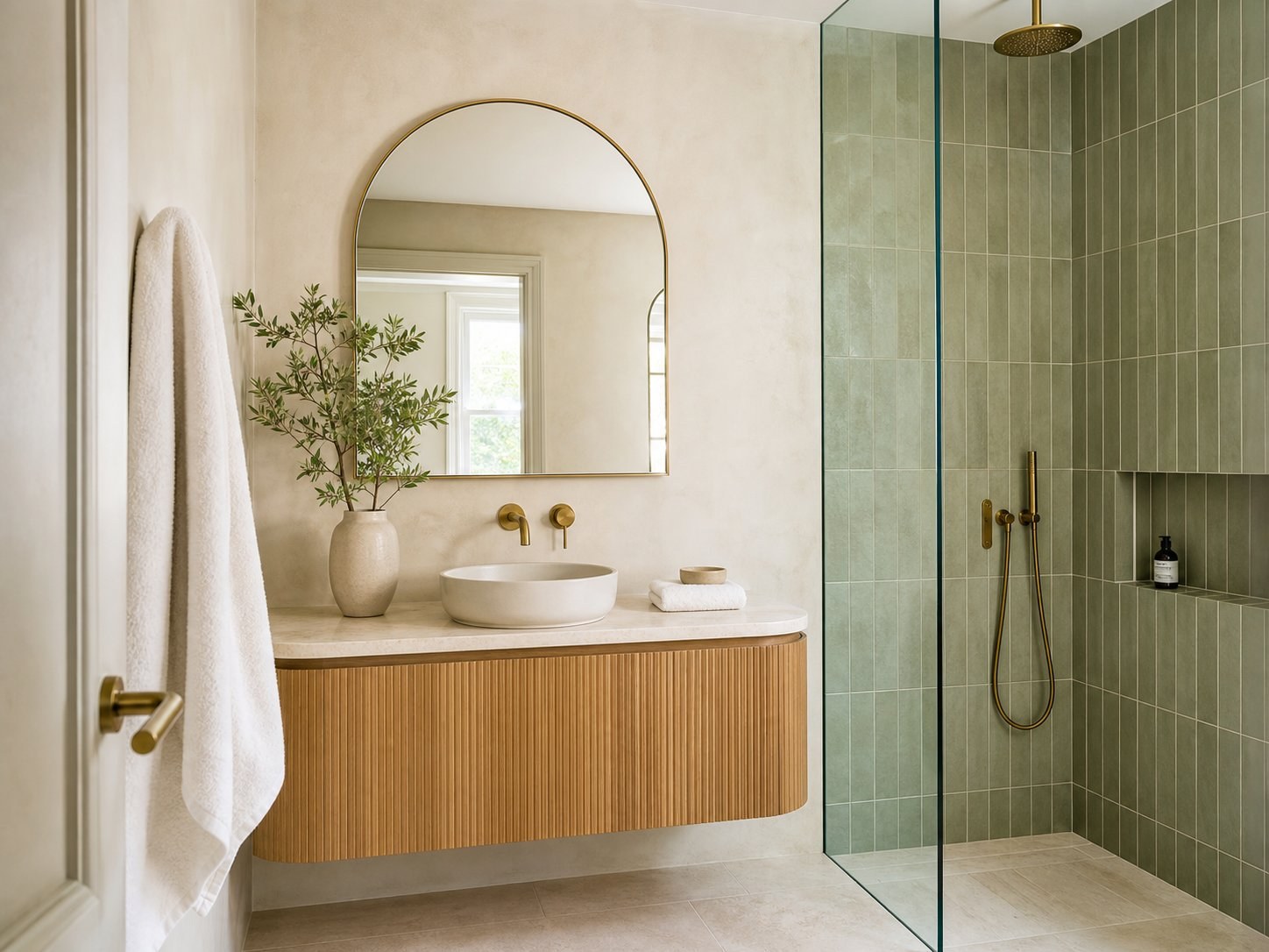 Remodeled bathroom with an oak vanity, arched mirror, sage tile, and a walk-in shower