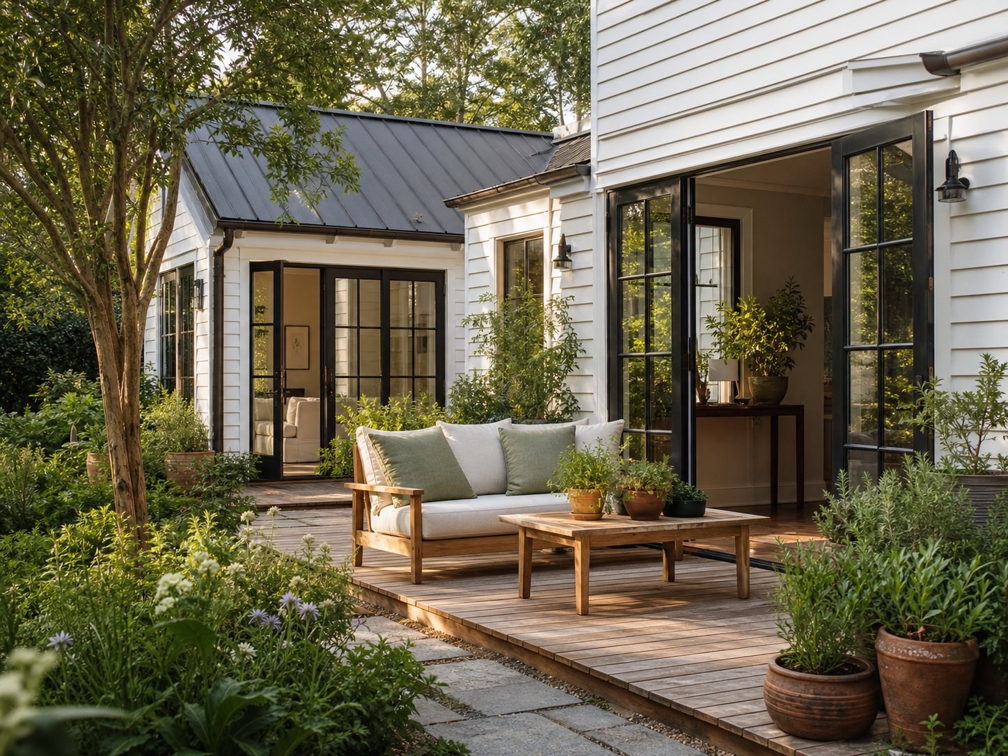 Inviting timber garden deck with outdoor seating, greenery, and a freshly finished home exterior