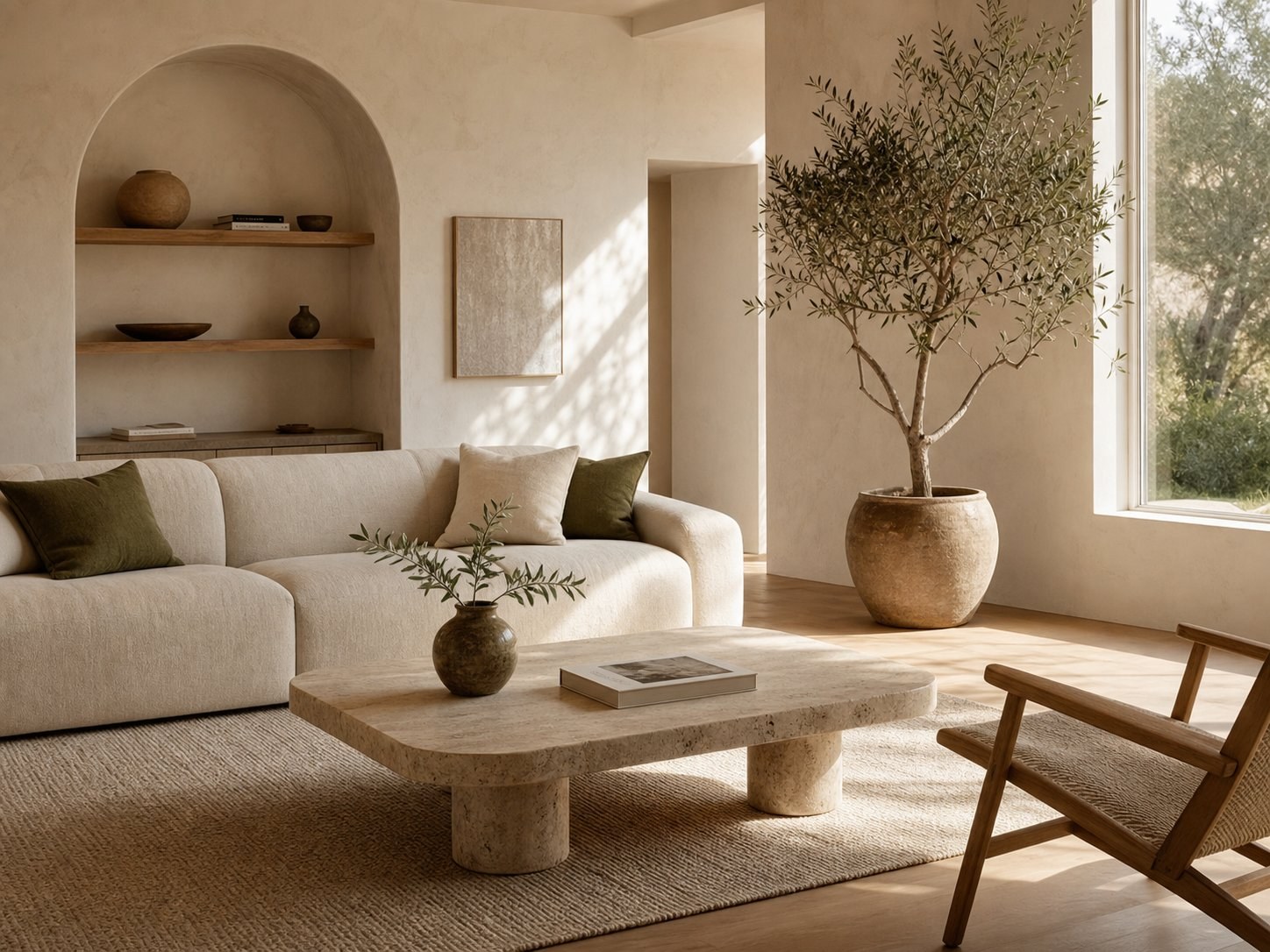 Warm, light-filled living room with a linen sofa, oak flooring, and an olive tree