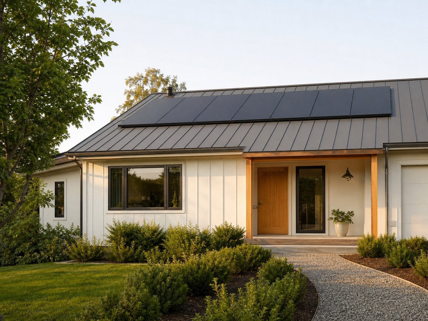 Home with rooftop solar panels, a gray pitched roof, and green garden planting